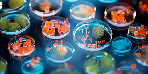 Bacteria and virus cells in a petri dish in a scientific laboratory. Mold cultures. Experimental for biochemistry, biotechnology, biological science laboratory, - obrazy, fototapety, plakaty