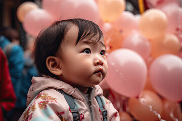 Fototapeta na wymiar Cute baby watching the Dragon Festival parade