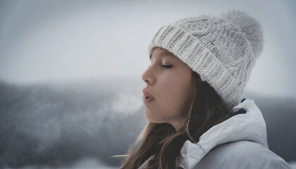 Portrait of a teen girl wearing a white down jacket and beanie in winter nature - obrazy, fototapety, plakaty