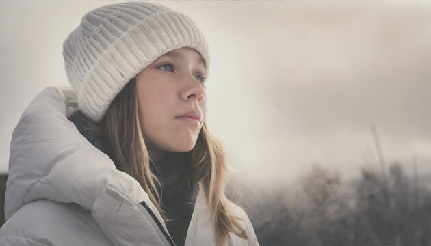 Portrait of a teen girl wearing a white down jacket and beanie in winter nature