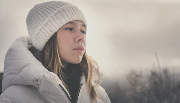 Portrait of a teen girl wearing a white down jacket and beanie in winter nature