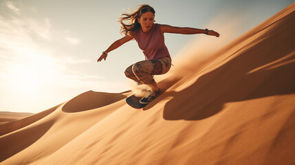 Young woman sandboarding from high dunes, tourist sandboarding in the desert - obrazy, fototapety, plakaty