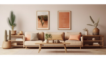 Modern spacious lounge in earthy colors with cozy natural elements like a stylish sofa wooden table and plants 