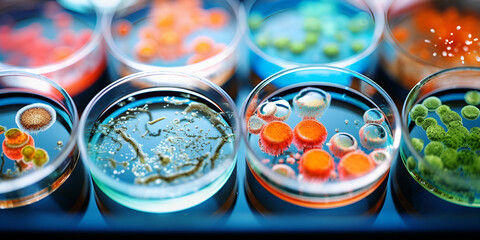 A collection of bacteria in a glass container,Colorful variety of microorganism inside petri dish plate in laboratory with super macro zoom background, including of bacteria, protozoa, algae, and fung