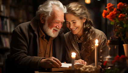 Senior couple enjoying candlelight, smiling and holding hands with love generated by AI