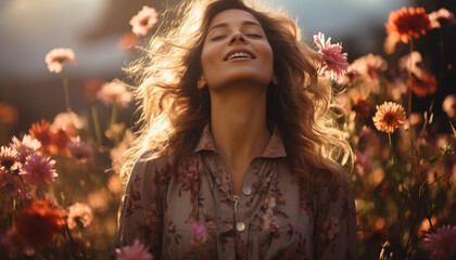 One woman smiling, enjoying nature beauty, carefree in meadow generated by AI
