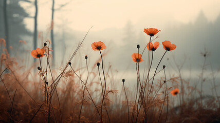 wild flowers, landscape in the mountains autumn fog on the field in the morning