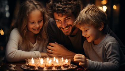 Family celebrating birthday with candle, smiles, and love generated by AI
