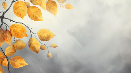 autumn abstract background, elm branch with yellow leaves on a background with a copy  space, october sky