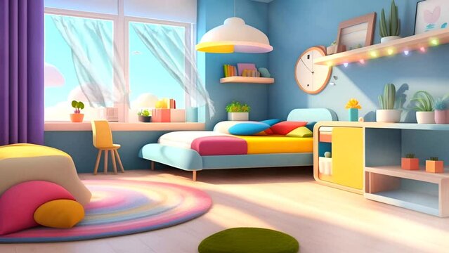 Modern children's bedroom interior in anime cartoon style. Seamless looping 4K virtual animated video background