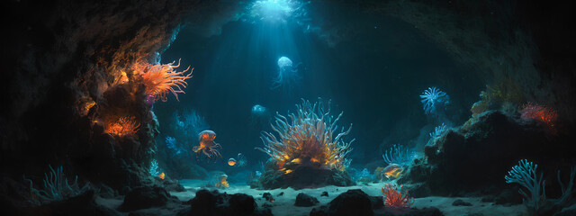 Fototapeta na wymiar Underwater Realm: Deep Ocean, Coral Reef. Generative AI.