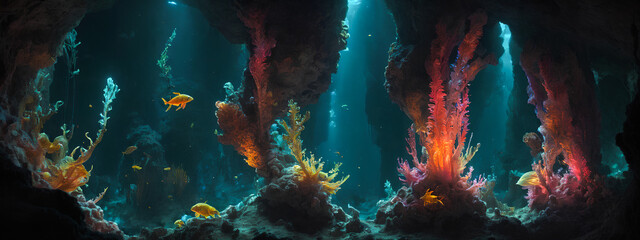 Underwater Realm: Deep Ocean, Coral Reef. Generative AI.