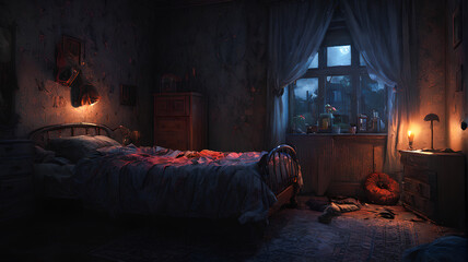 Nightmare Bedroom: Haunting Dreams, Fear. Generative AI.