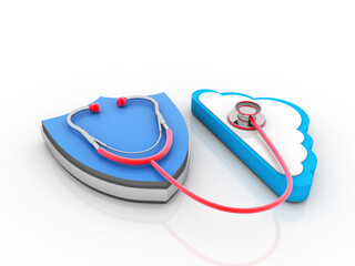 3d rendering Blue Cloud with shield and Stethoscope
