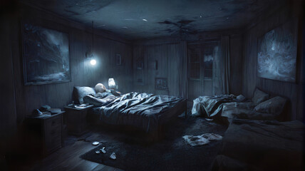 Obraz na płótnie Canvas Terrifying night room: bedroom, generative AI
