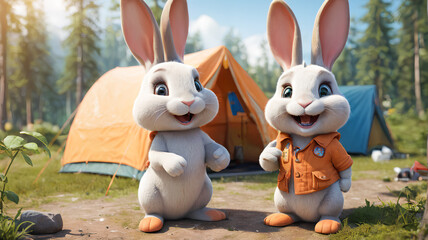 Rabbits at Camp: an enchanting forest retreat with adorable bunnies. Generative AI.