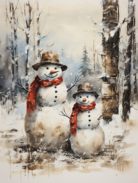 drawings of snowmen in a forest like on an old picture postcard