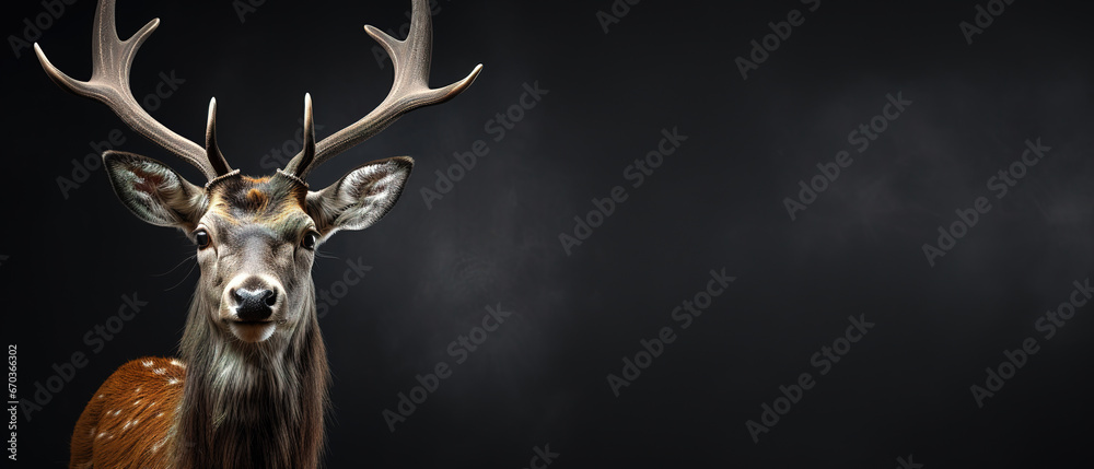 Wall mural front view of a axis deer on black background. wild animals banner with empty copy space
