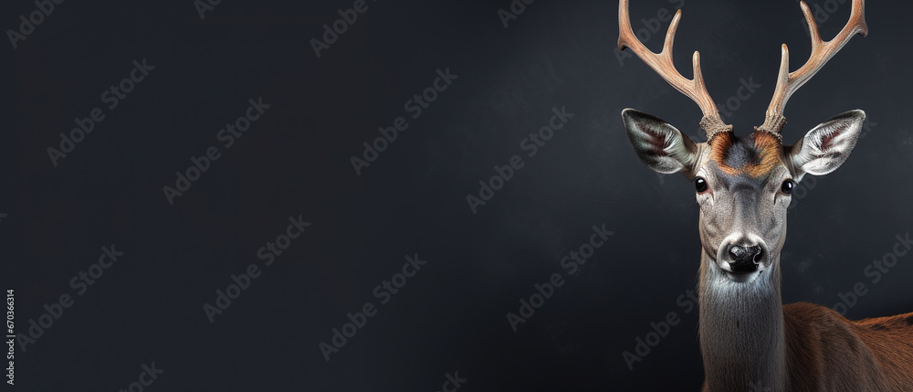 Wall mural front view of a axis deer on black background. wild animals banner with empty copy space
