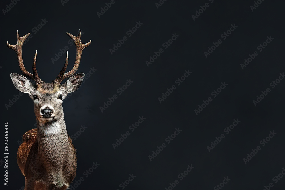 Wall mural front view of a axis deer on black background. wild animals banner with empty copy space