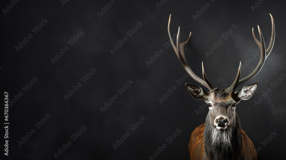 Wall mural front view of a axis deer on black background. wild animals banner with empty copy space