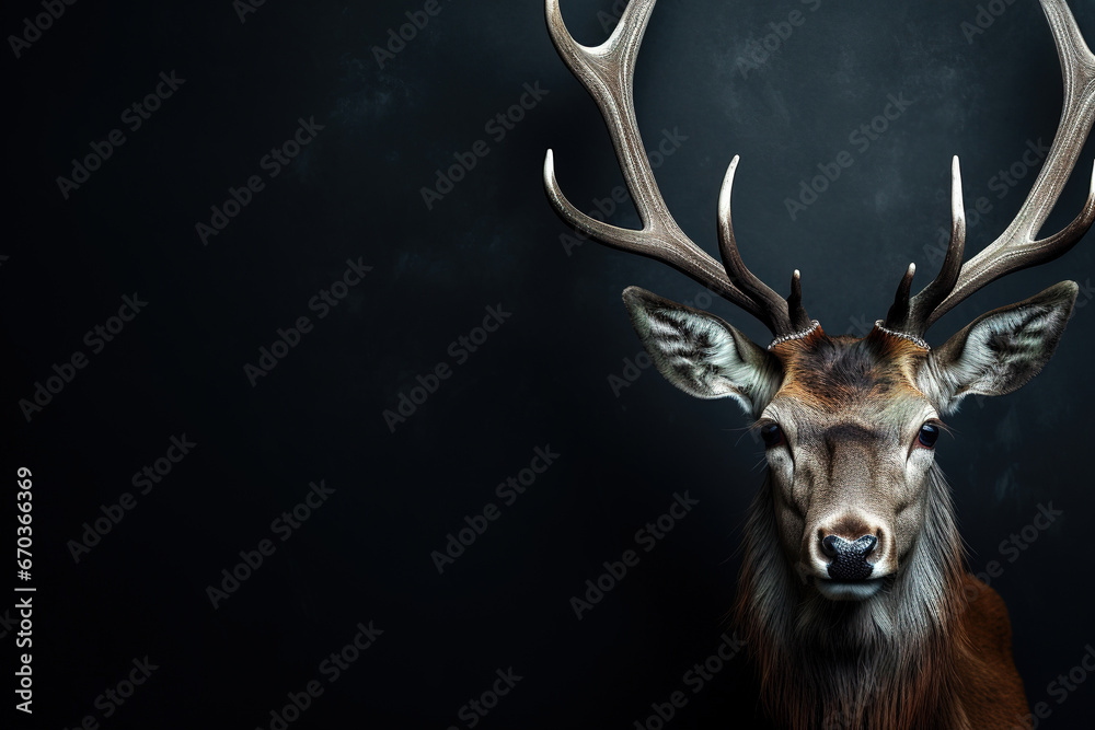 Wall mural front view of a axis deer on black background. wild animals banner with empty copy space