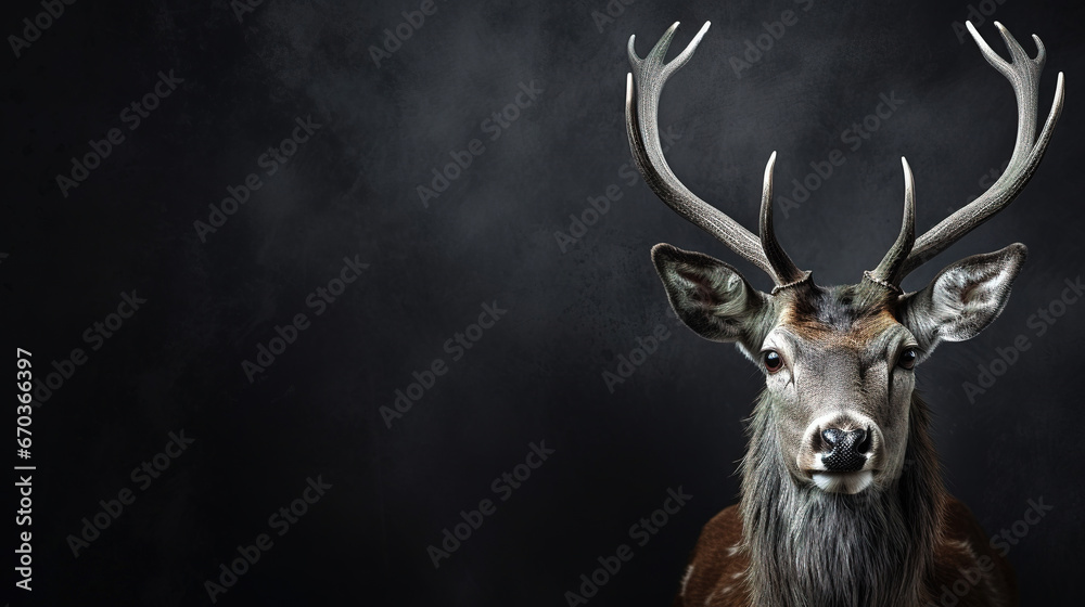 Wall mural front view of a axis deer on black background. wild animals banner with empty copy space