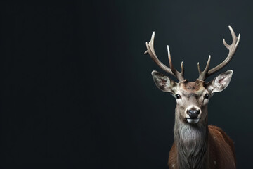 Front view of a axis deer on black background. Wild animals banner with empty copy space - obrazy, fototapety, plakaty