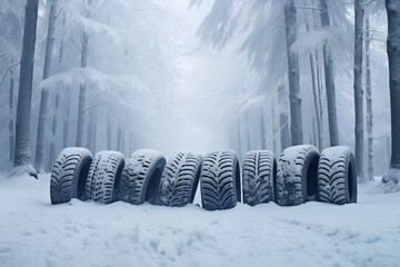 Winter tires in snowy forest with empty space Generative AI