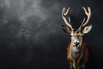 Front view of a axis deer on black background. Wild animals banner with empty copy space
