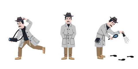 Detective in different poses. Male character in doodle style.