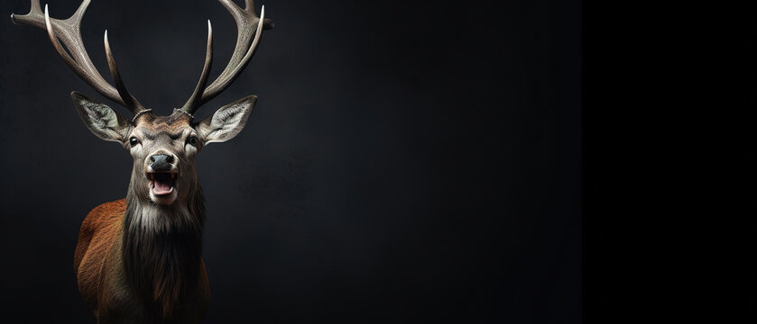 Front view of a axis deer on black background. Wild animals banner with empty copy space