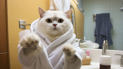 white cat stands in front of the bathroom sink taking a selfie