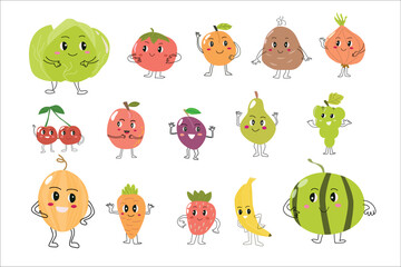 cute vegetables and fruits with face - mascots set