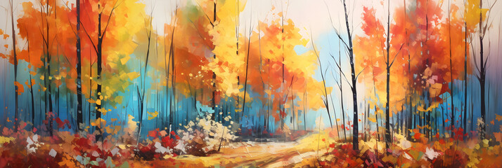 colourful impressionist painting of the forest landscape, a picturesque natural environment in soft harmonious colours