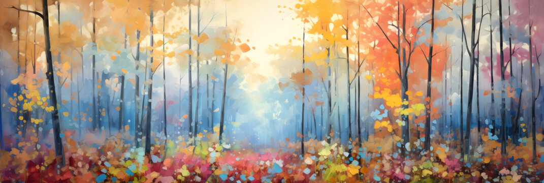 colourful impressionist painting of the forest landscape, a picturesque natural environment in soft harmonious colours