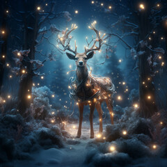 Santa Claus reindeer with christmas lights standing in the night in the snow. New Year festive atmosphere