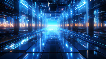Hallway filled with servers in a data center. cyber security. Cloud computing technology.