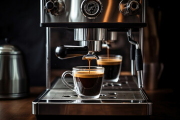 Photo of a coffee machine with two freshly brewed cups of coffee