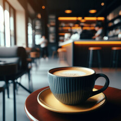 cup of coffee on a table inside a coffee shop