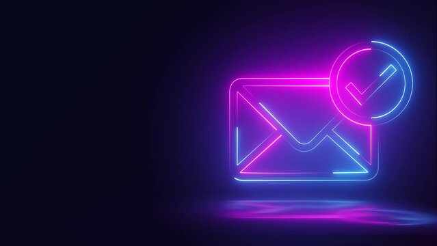glowing neon mail envelope icon animation with right sign on dark background