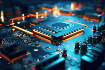Close-up of an electronic board with a processor or chip. Development of computer technologies. Modern electronics production.