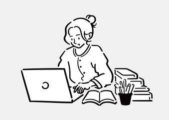 仕事や勉強をする女性のイラスト。ノートパソコンを操作する女の人。パソコンや本のある作業机と人物。