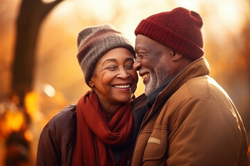 Obraz premium An elderly dark-skinned couple, a man and a woman, hugging in an autumn park. They look at each other with a loving gaze. Seniors dating. Relationships in old age. Love and romance.