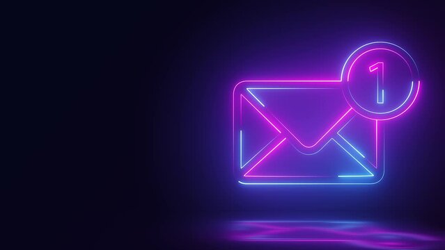 glowing neon mail envelope icon animation with one notification on dark background