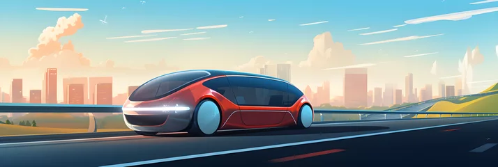 Rolgordijnen illustration of futuristic vehicles on highway with full self driving system activated for transportation autonomy concepts as wide banner with copy space © sam