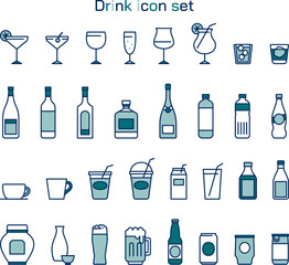 ドリンクのアイコンイラストセット　シンプル　線画　飲み物　飲食　広告　白背景　アルコール　青