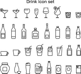 ドリンクのアイコンイラストセット　シンプル　線画　飲み物　飲食　広告　白背景　アルコール　白黒
