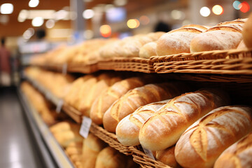 Freshly baked bread on shelf in bakery shop, closeup. - obrazy, fototapety, plakaty