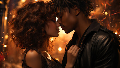Young couple embracing, kissing, enjoying nightlife, dancing in illuminated nightclub generated by AI